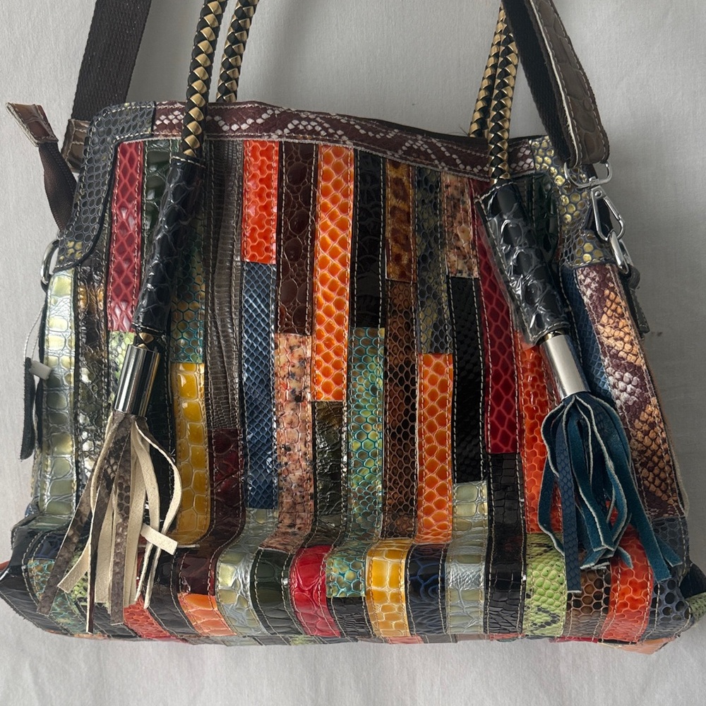 Women's Multicolor Patchwork Satchel Bag with Tassel Accents - Picture 3 of 4